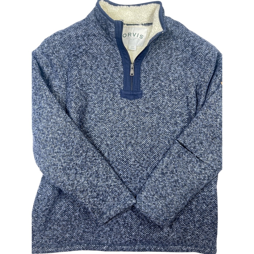 Orvis Sweater‎ Men's Medium Blue White Sherpa-Lined 1/4 Zip Long Sleeve Pullover